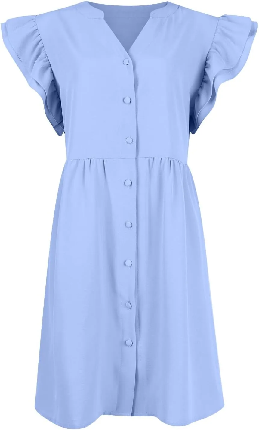 Women's Dresses 2024 Summer Mini Dress Casual Ruffle Sleeveless Button Down V Neck Loose Dress Sundresses
