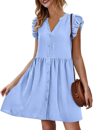 Women's Dresses 2024 Summer Mini Dress Casual Ruffle Sleeveless Button Down V Neck Loose Dress Sundresses