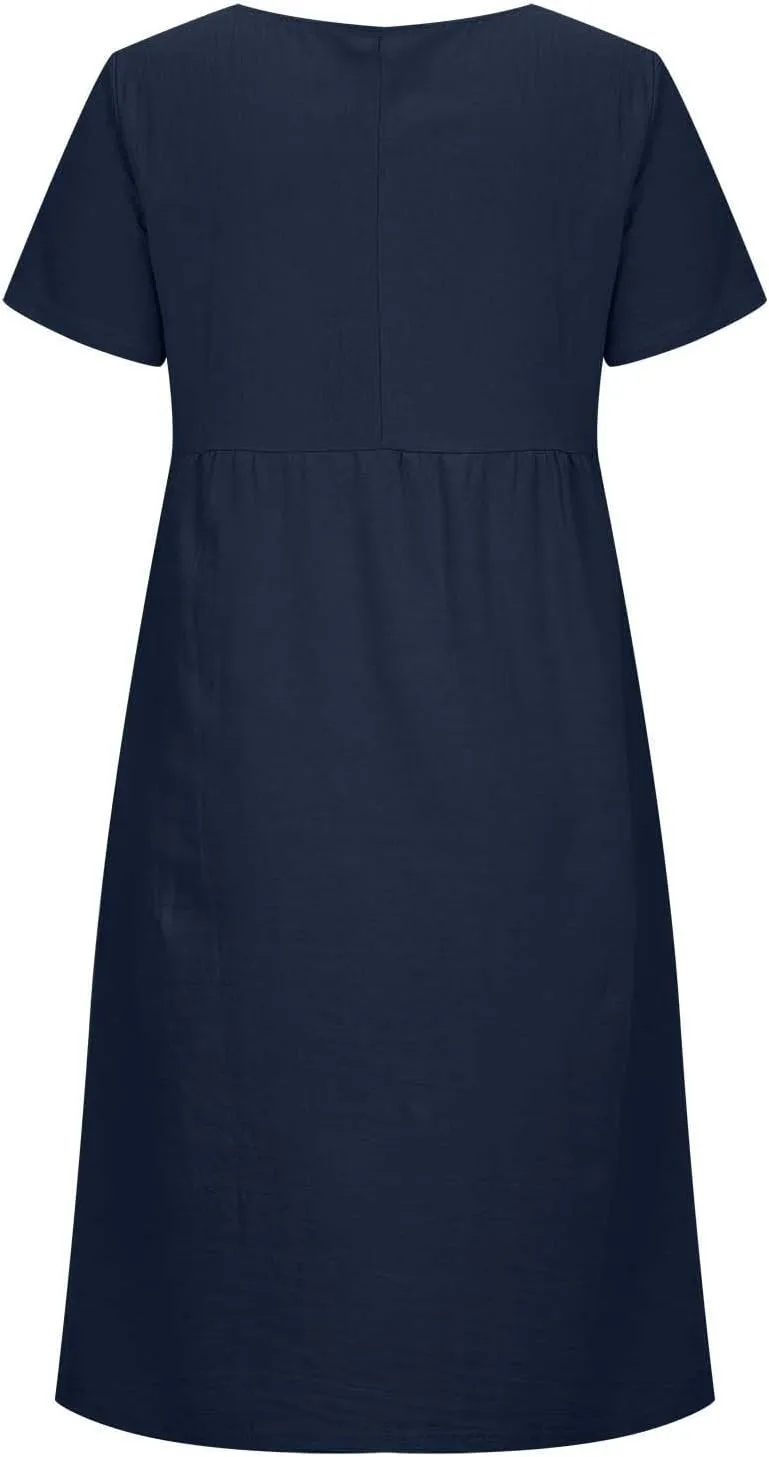 Womens Dresses 2025 Fashion Short Sleeve Solid Color Midi Dress Spring Round Neck Loose Linen Dress with Pockets