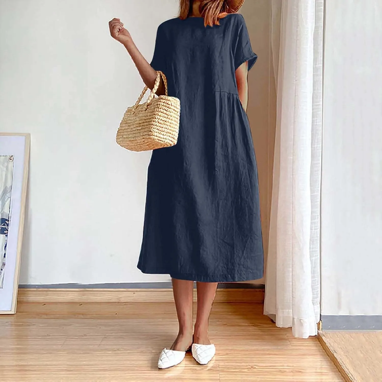 Womens Dresses 2025 Fashion Short Sleeve Solid Color Midi Dress Spring Round Neck Loose Linen Dress with Pockets