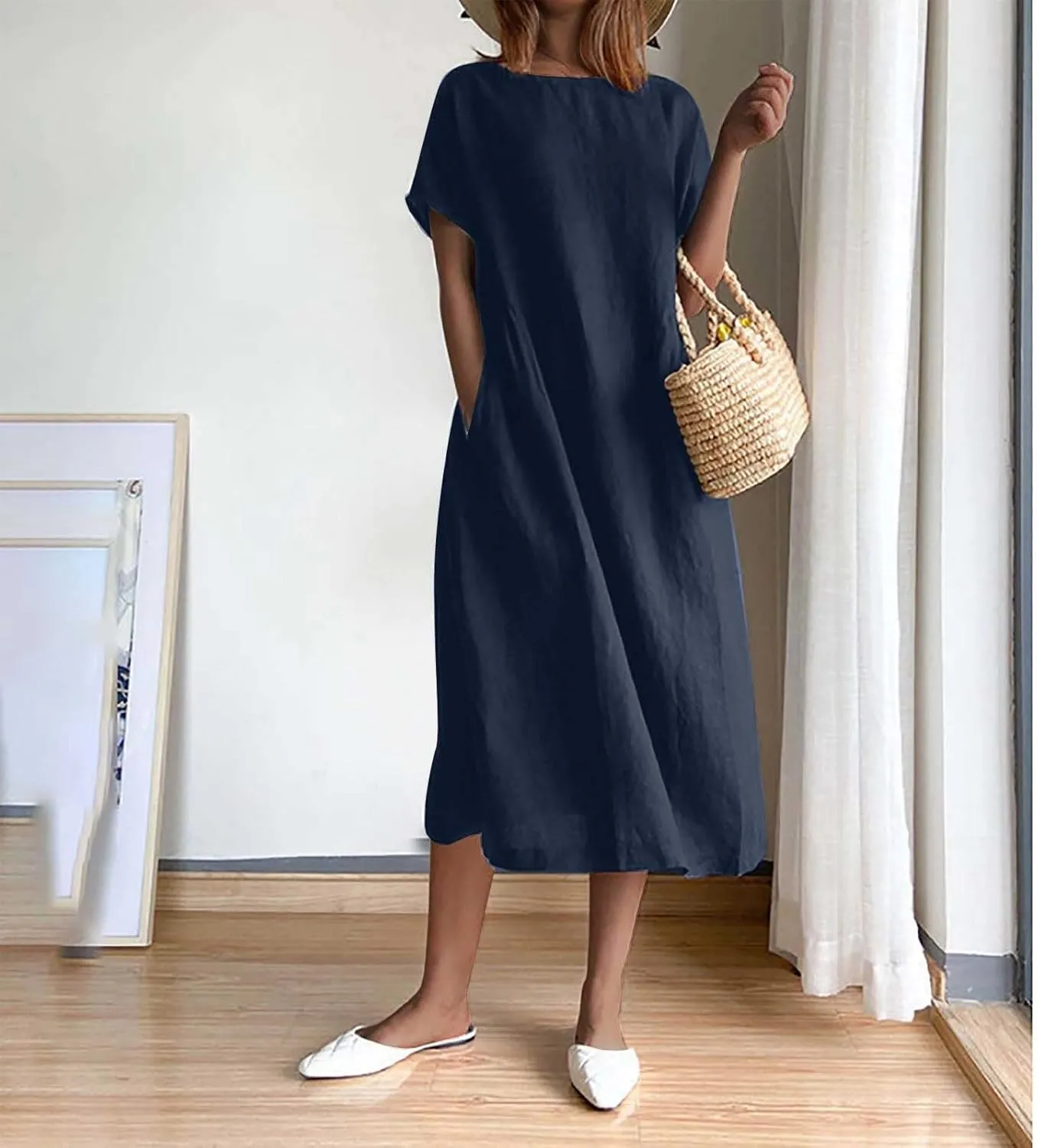 Womens Dresses 2025 Fashion Short Sleeve Solid Color Midi Dress Spring Round Neck Loose Linen Dress with Pockets