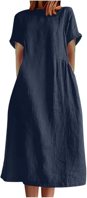 Womens Dresses 2025 Fashion Short Sleeve Solid Color Midi Dress Spring Round Neck Loose Linen Dress with Pockets