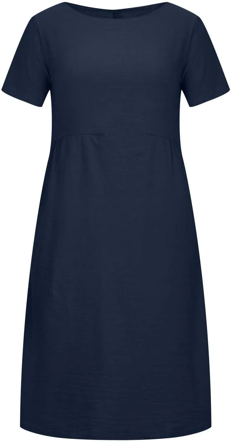Womens Dresses 2025 Fashion Short Sleeve Solid Color Midi Dress Spring Round Neck Loose Linen Dress with Pockets