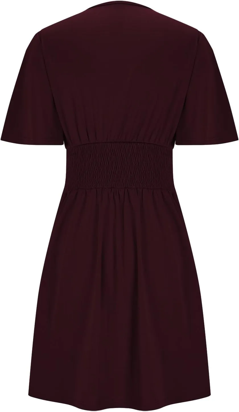 Womens Dresses 2025 Spring Summer Waist Dresses Short Sleeve Deep V Neck Elegant Ruffle Mini Swing Vacation Sundress