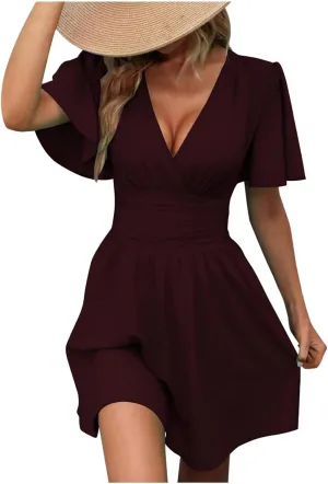 Womens Dresses 2025 Spring Summer Waist Dresses Short Sleeve Deep V Neck Elegant Ruffle Mini Swing Vacation Sundress