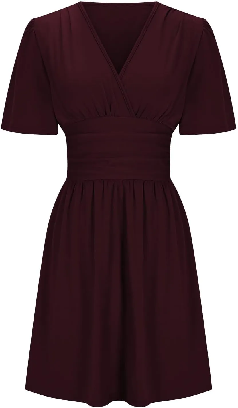 Womens Dresses 2025 Spring Summer Waist Dresses Short Sleeve Deep V Neck Elegant Ruffle Mini Swing Vacation Sundress