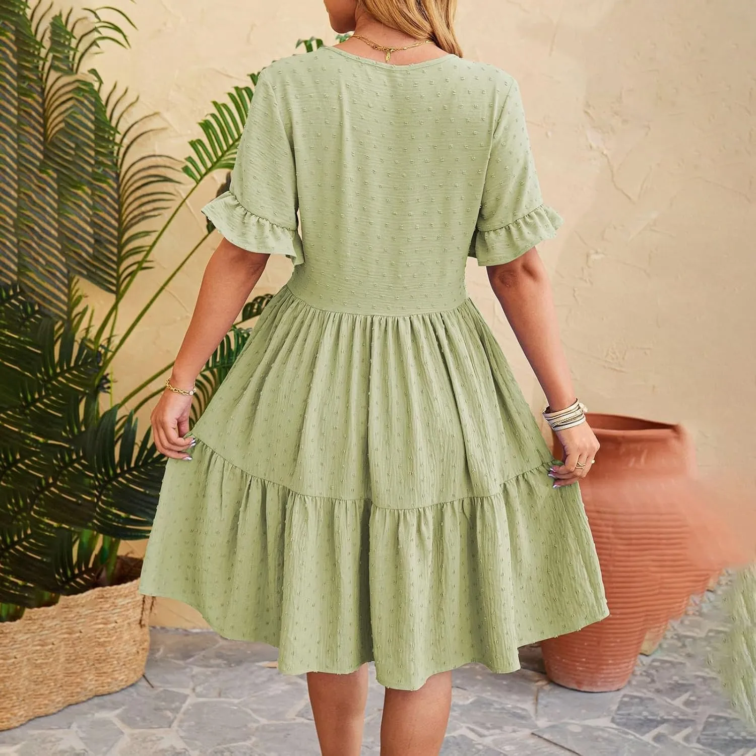 Womens Dresses 2025 Summer Maxi Dress Swiss Dot Ruffle Boho Short Sleeve V Neck Tiered Smocked Flowy Long Dress