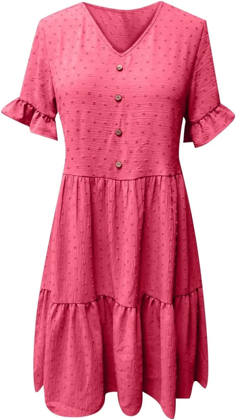 Womens Dresses 2025 Summer Maxi Dress Swiss Dot Ruffle Boho Short Sleeve V Neck Tiered Smocked Flowy Long Dress