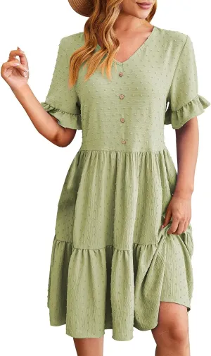 Womens Dresses 2025 Summer Maxi Dress Swiss Dot Ruffle Boho Short Sleeve V Neck Tiered Smocked Flowy Long Dress