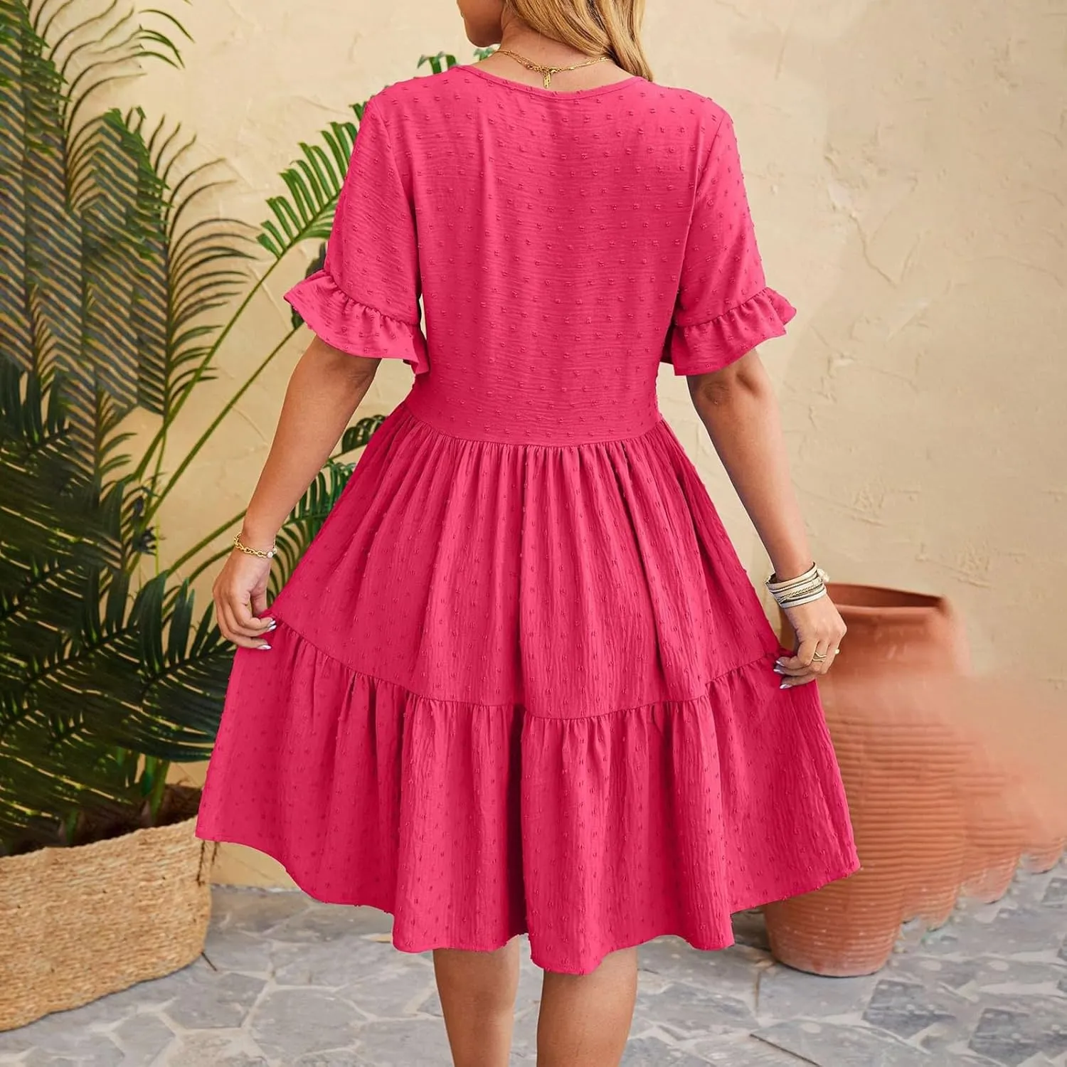 Womens Dresses 2025 Summer Maxi Dress Swiss Dot Ruffle Boho Short Sleeve V Neck Tiered Smocked Flowy Long Dress