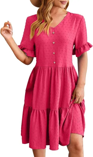Womens Dresses 2025 Summer Maxi Dress Swiss Dot Ruffle Boho Short Sleeve V Neck Tiered Smocked Flowy Long Dress