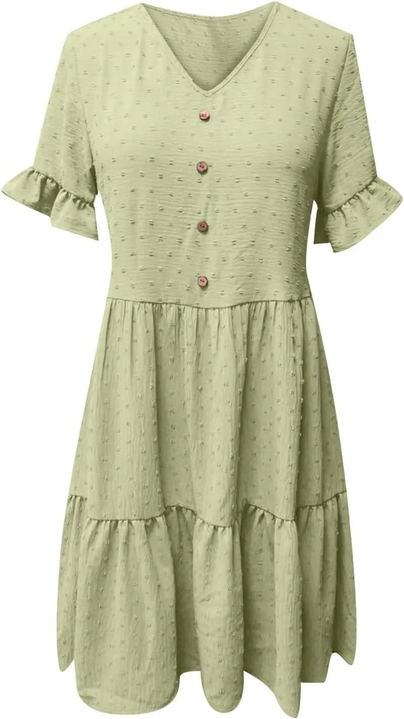 Womens Dresses 2025 Summer Maxi Dress Swiss Dot Ruffle Boho Short Sleeve V Neck Tiered Smocked Flowy Long Dress