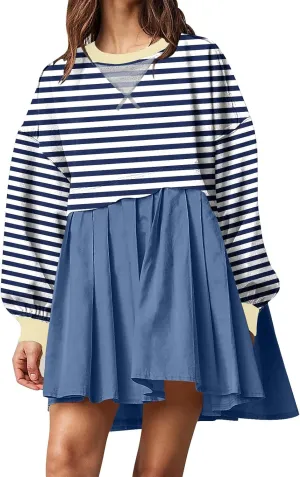 Women's Dresses Casual Oversized Sweatshirts Long Sleeve Crewneck Patchwork Pleated Pullover Mini Dress Fall Dress