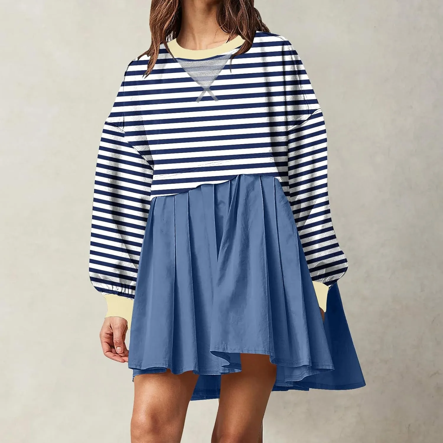 Women's Dresses Casual Oversized Sweatshirts Long Sleeve Crewneck Patchwork Pleated Pullover Mini Dress Fall Dress