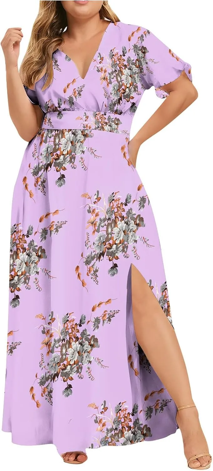 Womens Dresses Summer Plus Size V Neck Floral Print Short Sleeve Boho Dress Empire Waist Side Split Sundresses