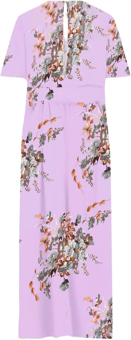 Womens Dresses Summer Plus Size V Neck Floral Print Short Sleeve Boho Dress Empire Waist Side Split Sundresses