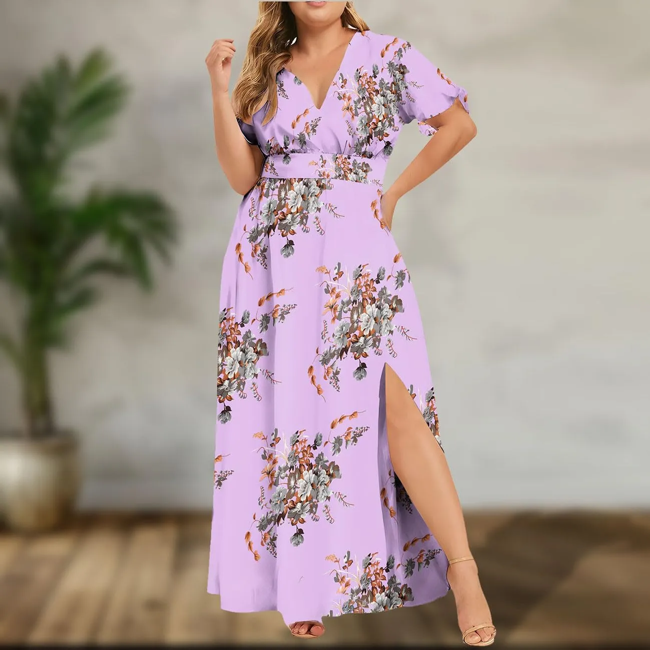 Womens Dresses Summer Plus Size V Neck Floral Print Short Sleeve Boho Dress Empire Waist Side Split Sundresses