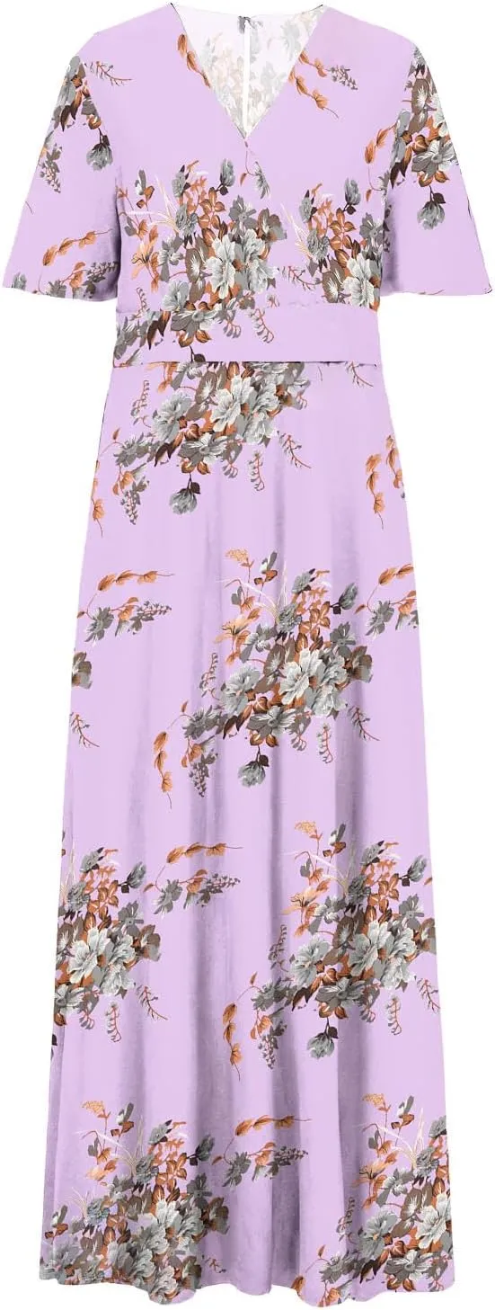 Womens Dresses Summer Plus Size V Neck Floral Print Short Sleeve Boho Dress Empire Waist Side Split Sundresses