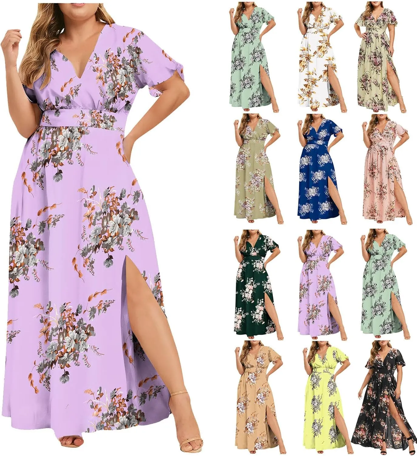 Womens Dresses Summer Plus Size V Neck Floral Print Short Sleeve Boho Dress Empire Waist Side Split Sundresses