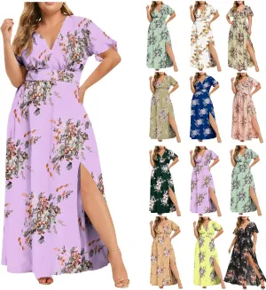 Womens Dresses Summer Plus Size V Neck Floral Print Short Sleeve Boho Dress Empire Waist Side Split Sundresses