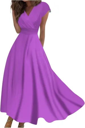 Womens Dresses Wrap V Neck Cap Sleeve Sundresses Elegant Flowy Long Dresses Floral Print Loose Beach Dress