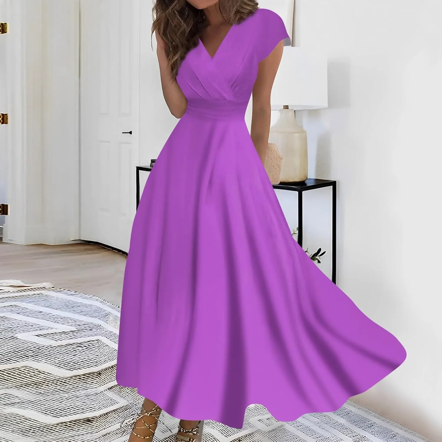 Womens Dresses Wrap V Neck Cap Sleeve Sundresses Elegant Flowy Long Dresses Floral Print Loose Beach Dress