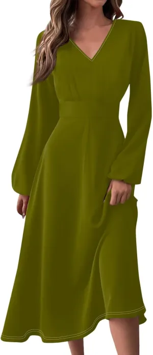 Women's Fall Casual Elegant Trendy Long Sleeve V-Neck Solid Maxi Sun Dresses