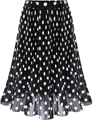Womens Fashion Casual Polka Dot Pleated High Waist Midi Skirt Flared Skater Swing Holiday Skirting Board Wood Black