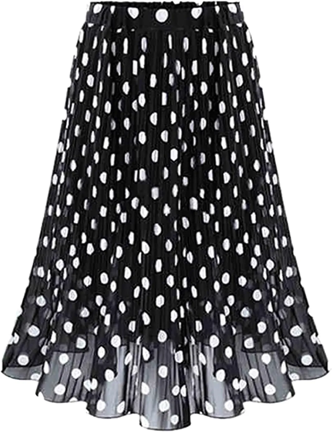 Womens Fashion Casual Polka Dot Pleated High Waist Midi Skirt Flared Skater Swing Holiday Skirting Board Wood Black