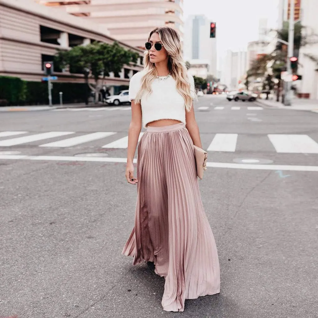 Womens Fashion High Waist Fold Soild Vintage Loose Beach Wrap Maxi Long Skirt Knee Length Knit Skirt