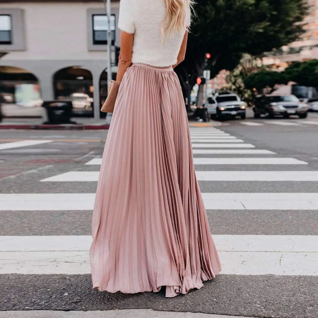 Womens Fashion High Waist Fold Soild Vintage Loose Beach Wrap Maxi Long Skirt Knee Length Knit Skirt