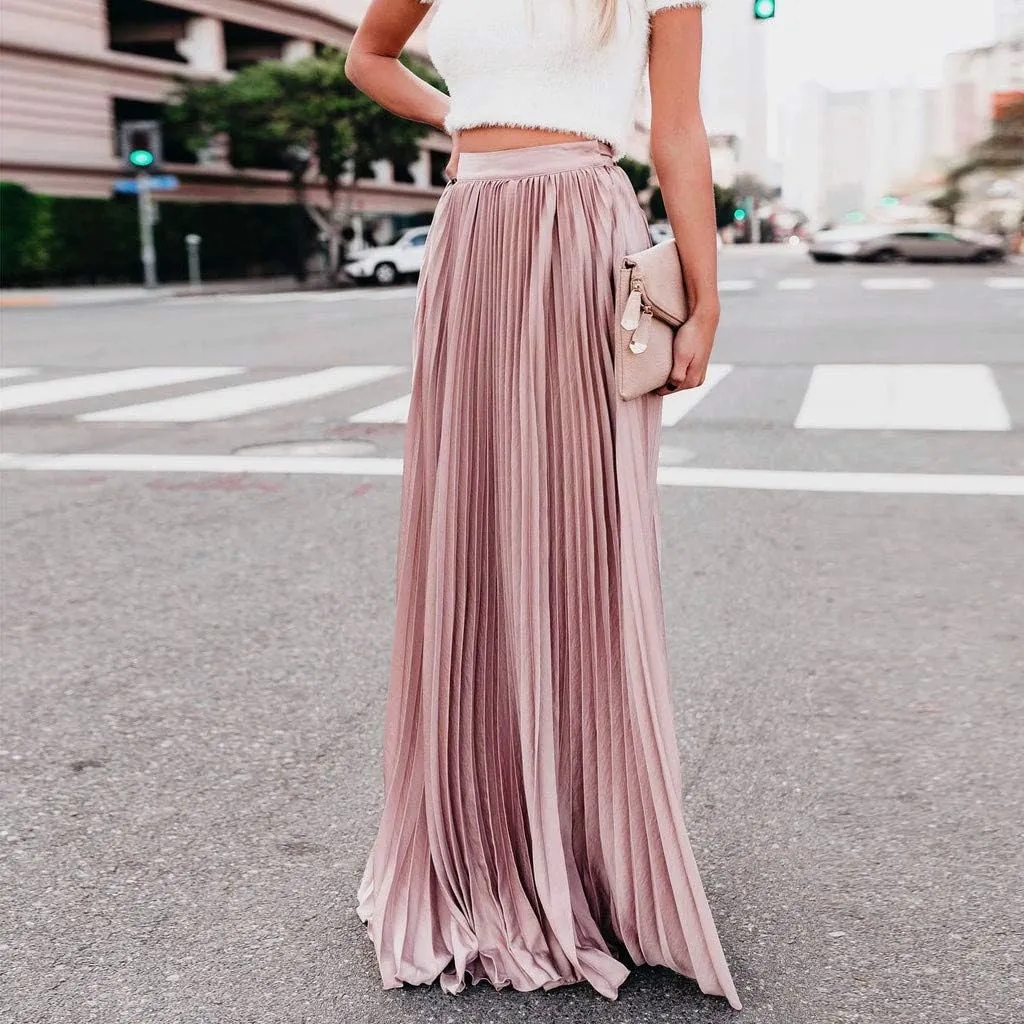 Womens Fashion High Waist Fold Soild Vintage Loose Beach Wrap Maxi Long Skirt Knee Length Knit Skirt