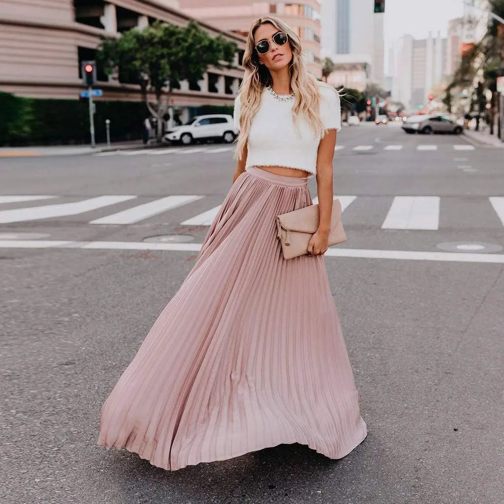 Womens Fashion High Waist Fold Soild Vintage Loose Beach Wrap Maxi Long Skirt Knee Length Knit Skirt