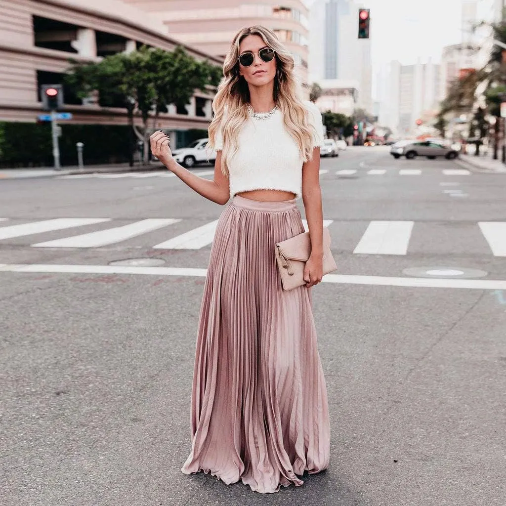 Womens Fashion High Waist Fold Soild Vintage Loose Beach Wrap Maxi Long Skirt Knee Length Knit Skirt