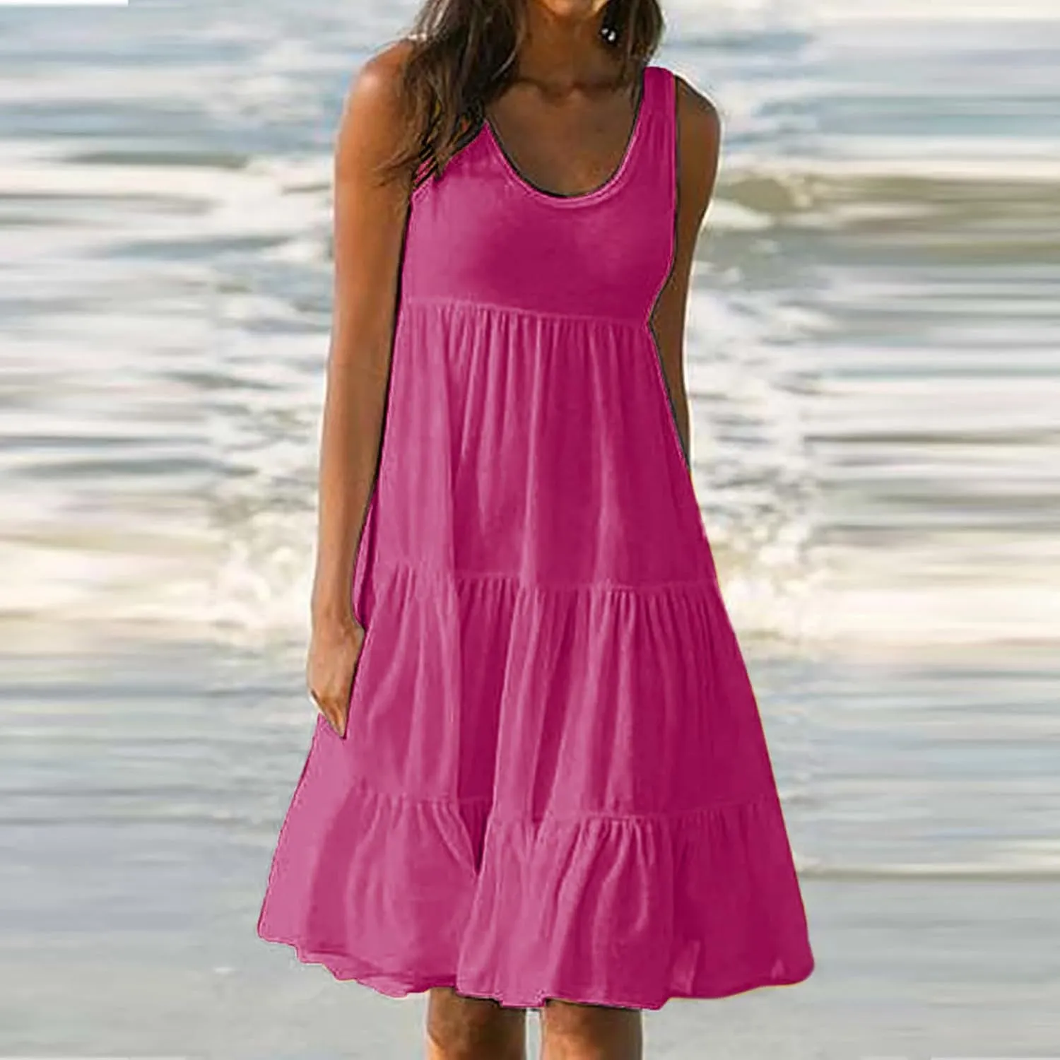 Womens Fashion Holiday Summer Dresses Sleeveless Party Beach Dress Round Neck Gradient Print Tank Dress Sundress