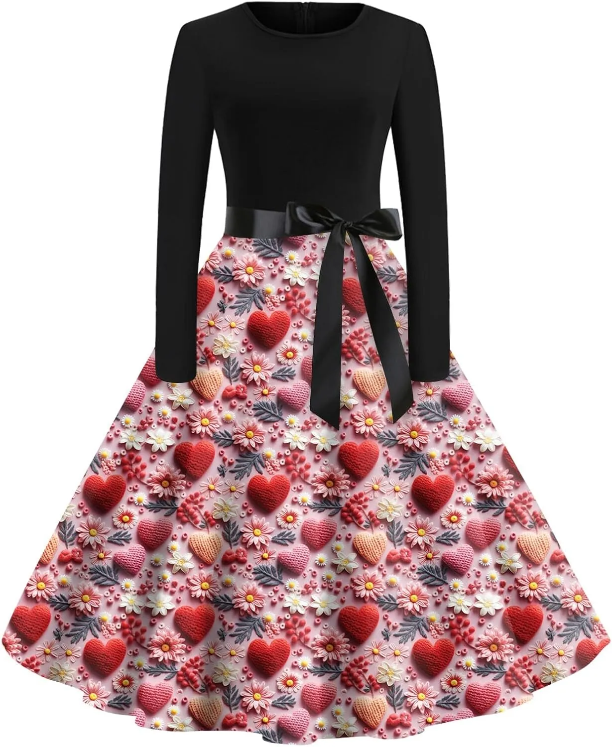 Women's Fashion Round Neck Casual Slim Valentine's Day Printed Long Sleeve Dresses Fashion