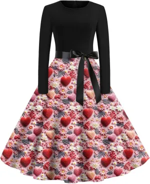 Women's Fashion Round Neck Casual Slim Valentine's Day Printed Long Sleeve Dresses Fashion