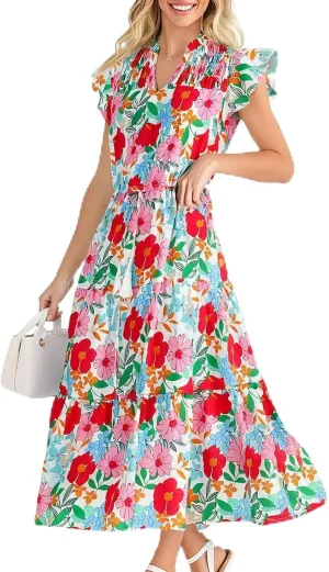 Women's Floral Boho Dress Hawaiian Dresse Short Sleeve V Neck Summer Beach Wedding Guest Swing Maxi Sundress