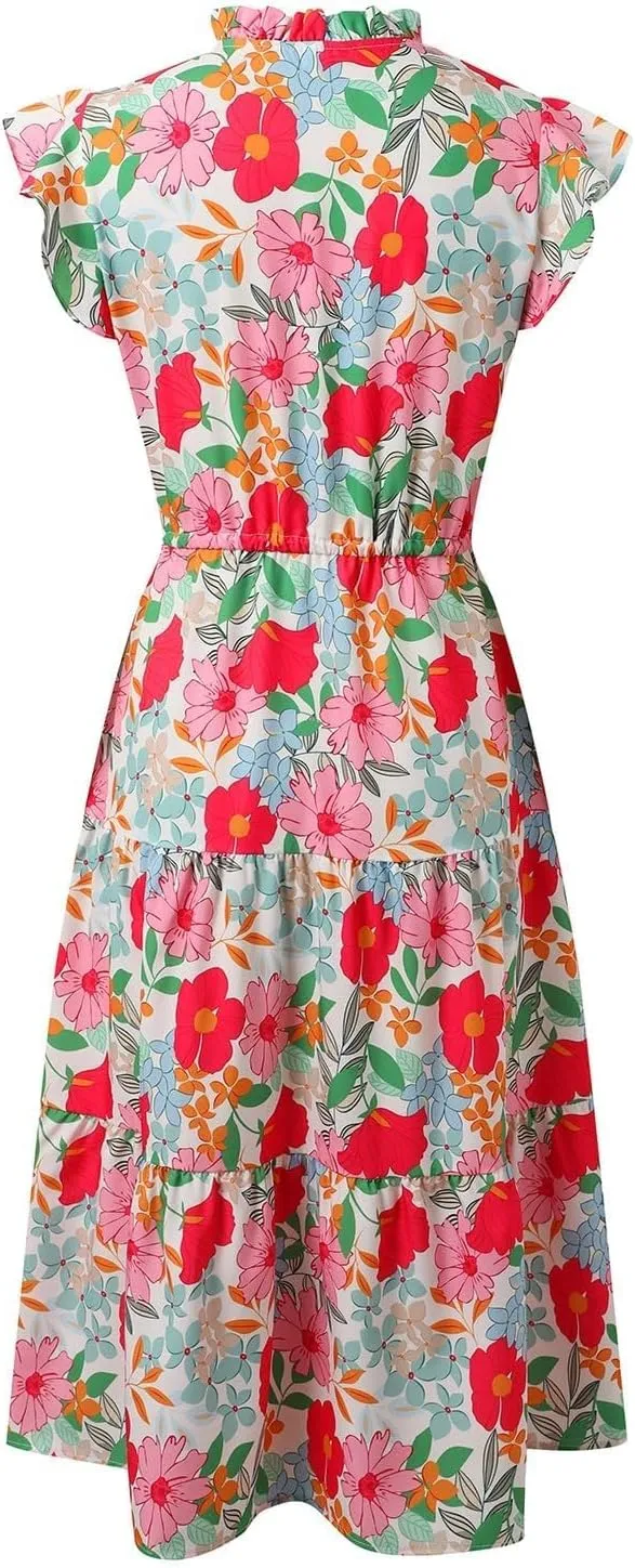 Women's Floral Boho Dress Hawaiian Dresse Short Sleeve V Neck Summer Beach Wedding Guest Swing Maxi Sundress