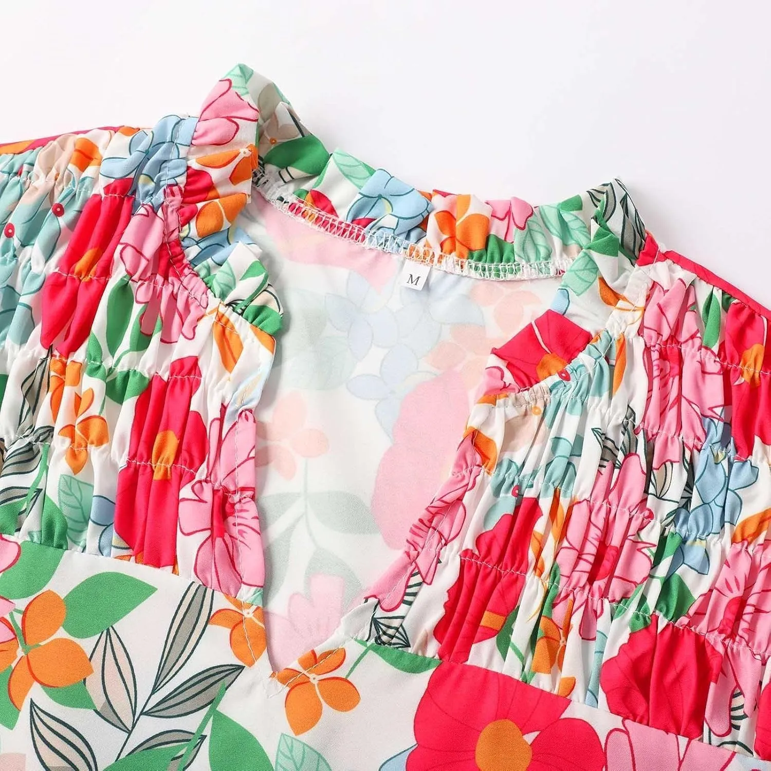 Women's Floral Boho Dress Hawaiian Dresse Short Sleeve V Neck Summer Beach Wedding Guest Swing Maxi Sundress