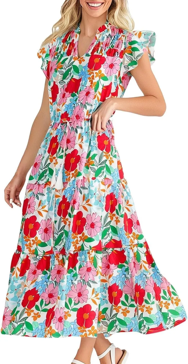 Women's Floral Boho Dress Hawaiian Dresse Short Sleeve V Neck Summer Beach Wedding Guest Swing Maxi Sundress