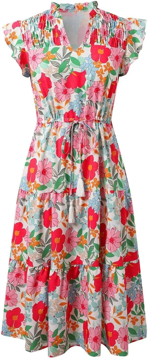 Women's Floral Boho Dress Hawaiian Dresse Short Sleeve V Neck Summer Beach Wedding Guest Swing Maxi Sundress