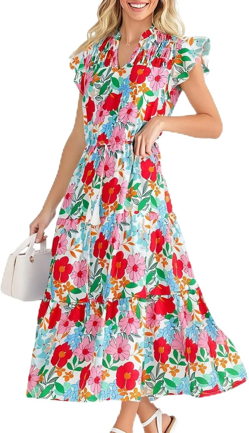Women's Floral Boho Dress Hawaiian Dresse Short Sleeve V Neck Summer Beach Wedding Guest Swing Maxi Sundress