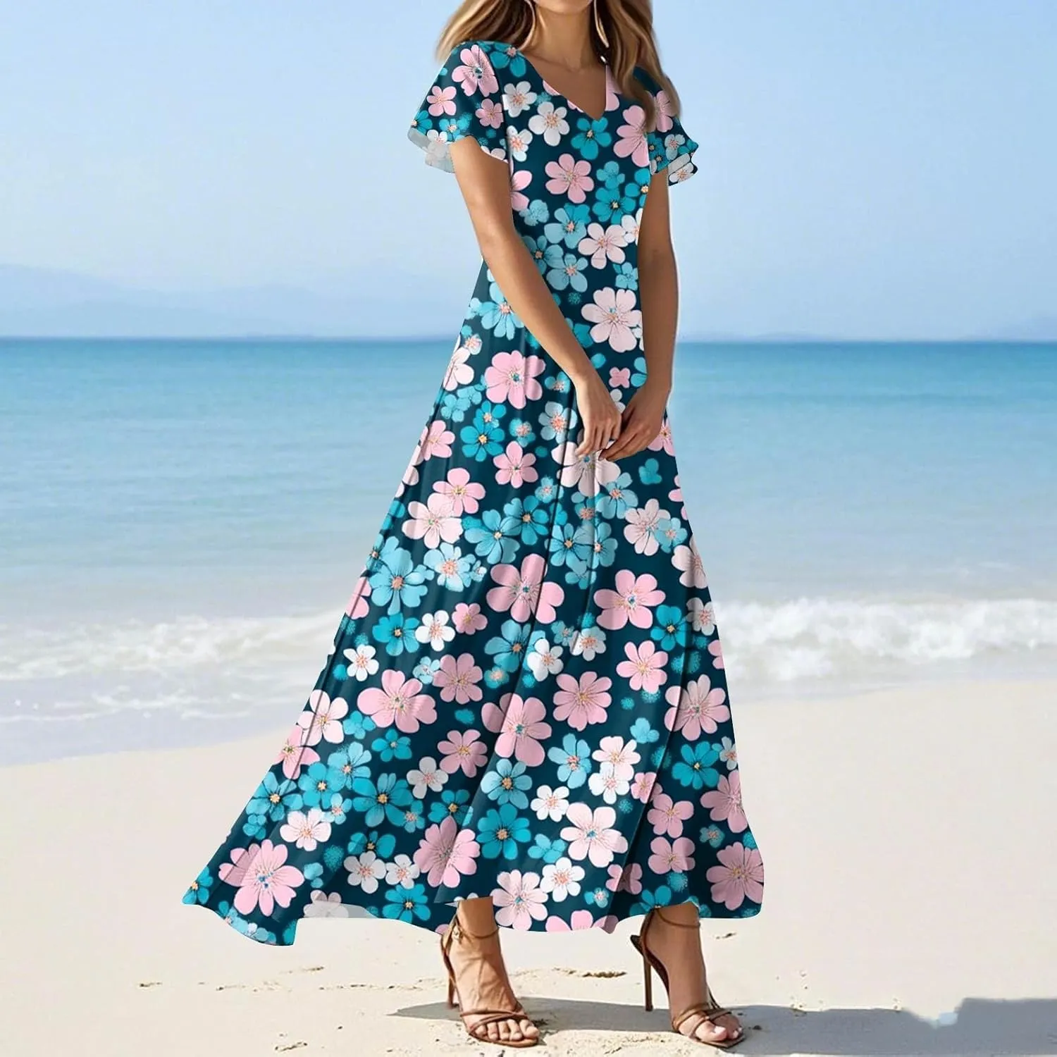 Women's Floral Dress Summer Casual Loose Trendy Short Sleeve V-Neck Printed Sun Beach Vacation Maxi Dresses, XS-2XL