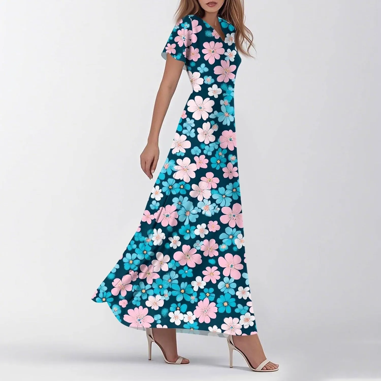 Women's Floral Dress Summer Casual Loose Trendy Short Sleeve V-Neck Printed Sun Beach Vacation Maxi Dresses, XS-2XL