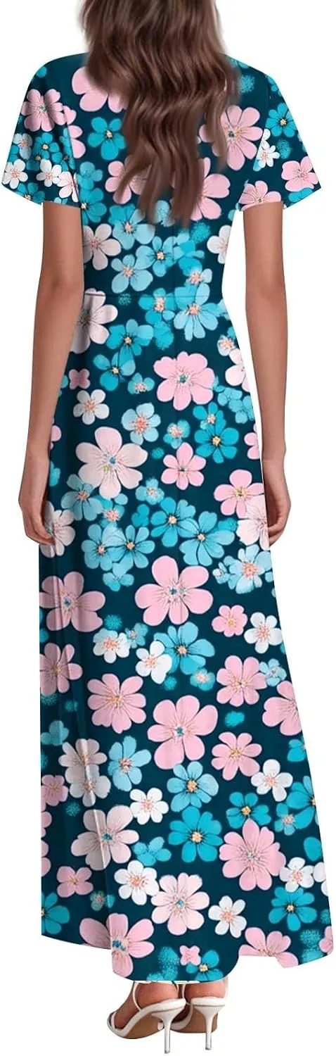 Women's Floral Dress Summer Casual Loose Trendy Short Sleeve V-Neck Printed Sun Beach Vacation Maxi Dresses, XS-2XL