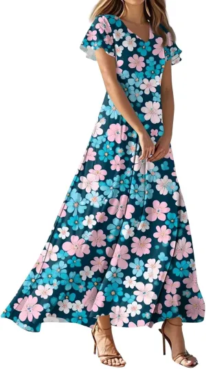 Women's Floral Dress Summer Casual Loose Trendy Short Sleeve V-Neck Printed Sun Beach Vacation Maxi Dresses, XS-2XL