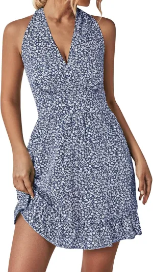 Womens Floral Hater Sundress Bohemia Ruffle Beach Vacation Traveling Dress 2024 Summer Trendy V Neck Tunic Flowy Mini Dresses