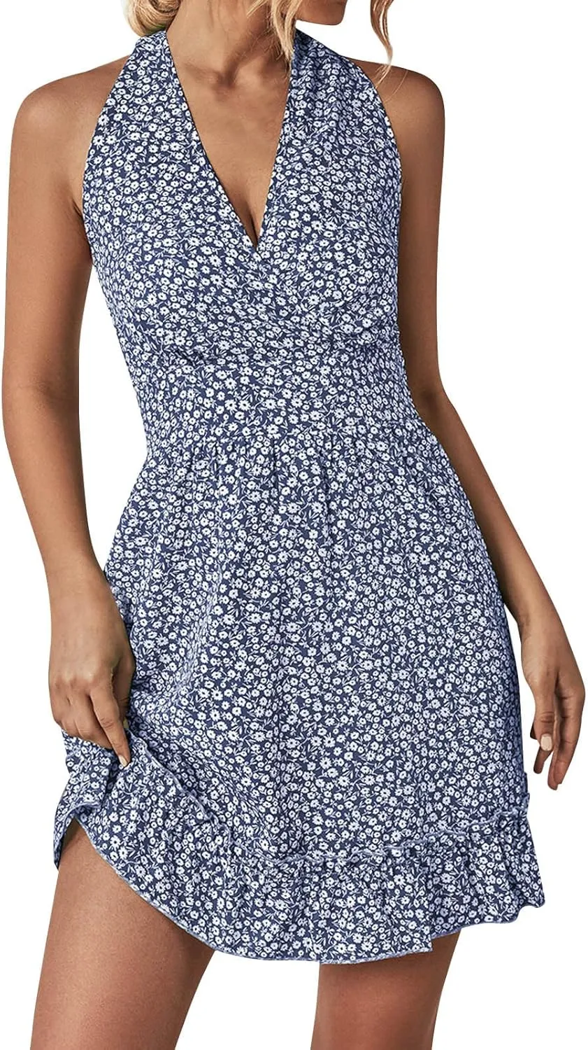 Womens Floral Hater Sundress Bohemia Ruffle Beach Vacation Traveling Dress 2024 Summer Trendy V Neck Tunic Flowy Mini Dresses