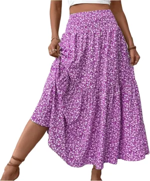 Womens Floral Maxi Skirt A Line Tiered Long Flowy Skirts with Pockets Casual Smocked High Waisted Boho Beach Skirts